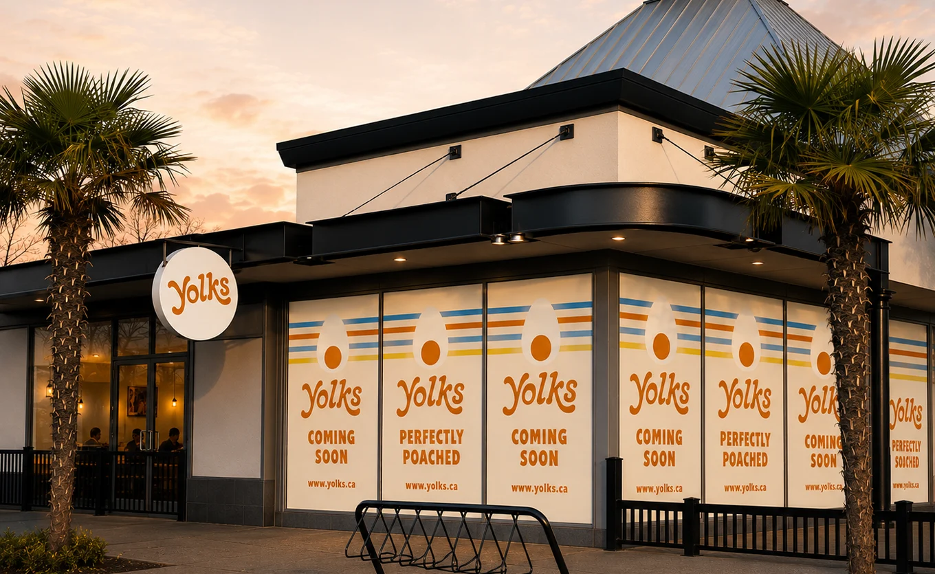Exterior of the new Yolks Tsawwassen restaurant opening in Delta, British Columbia.