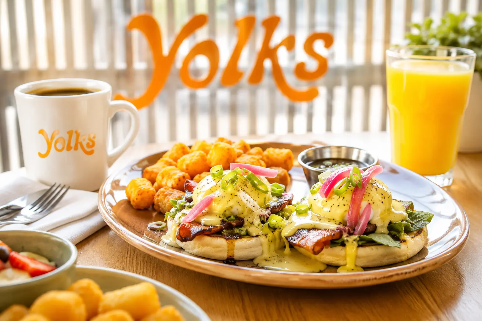 Yolks Breakfast restaurant showcasing its signature eggs Benedict and coffee, highlighting a Breakfast Franchise Canada opportunity.