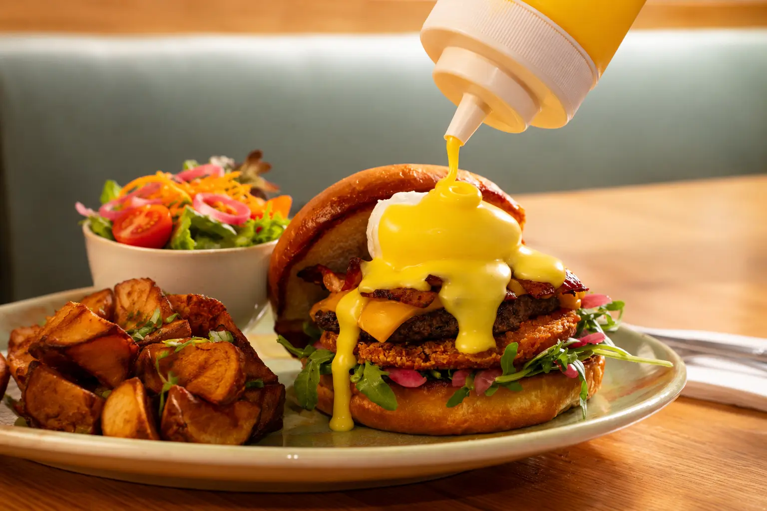 Scratch-made breakfast burger topped with fresh hollandaise sauce, served with roasted potatoes and a side salad at Yolks.