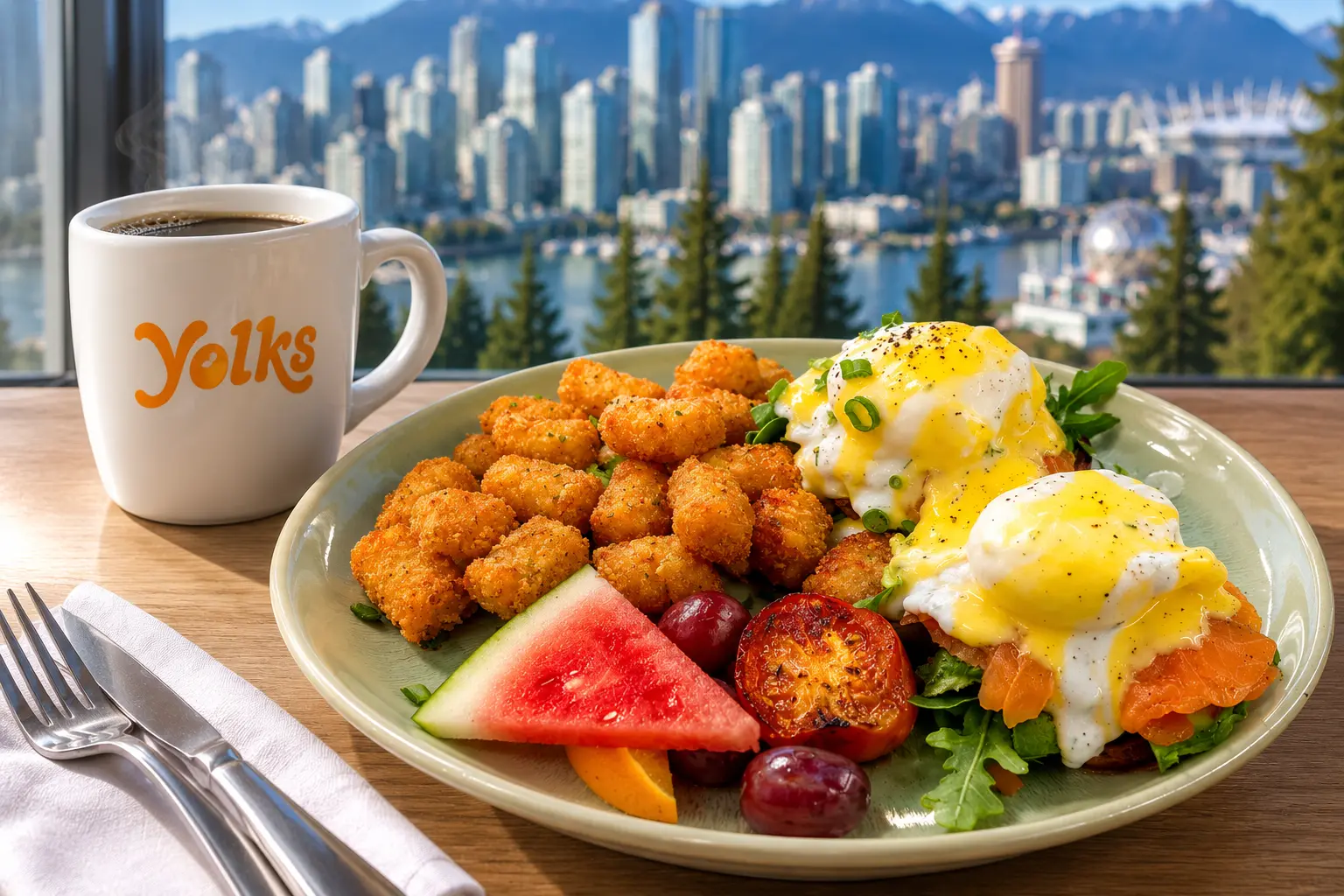 Breakfast and brunch at Yolks featuring eggs Benedict, crispy potatoes, fresh fruit, and coffee with a Vancouver skyline view.