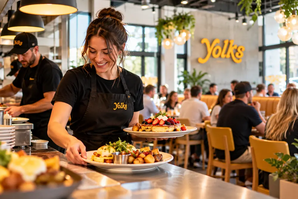 Restaurant franchise team serving breakfast at Yolks