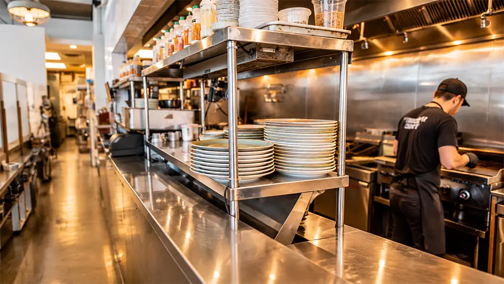 Yolks restaurant kitchen with a chef preparing breakfast at the grill in a professional commercial kitchen.